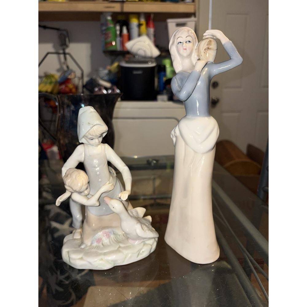Vintage Spanish Style Glossy Porcelain Figurines Lot Woman Jug & Kids Goose 2pc